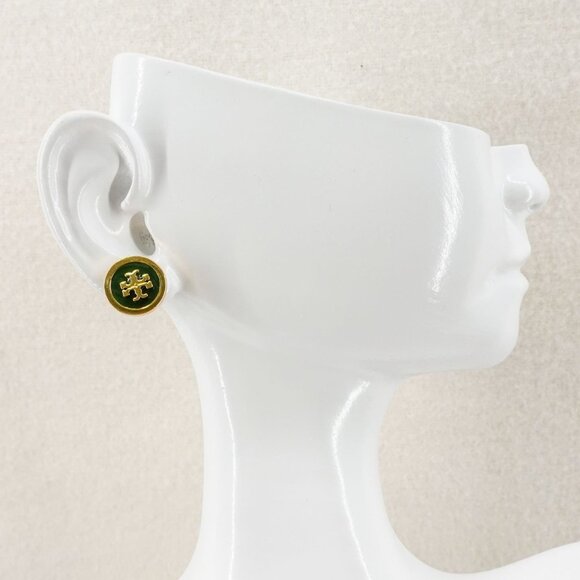 Tory Burch Kira Enamel Circle Stud Earrings Green/Tory Gold OS - Picture 5 of 12